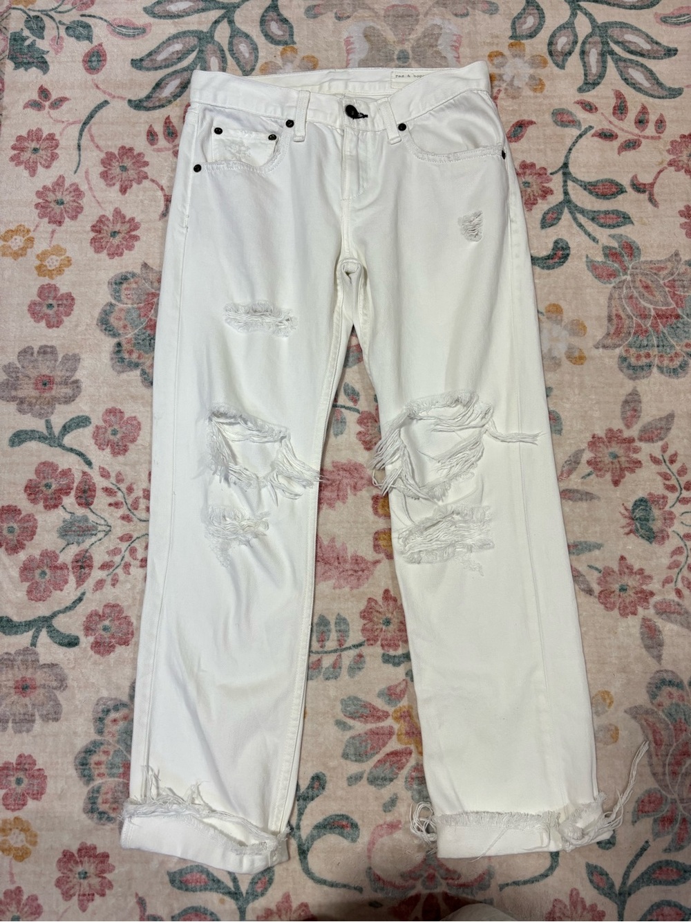 rag & bone White Distressed Straight-Leg Jeans